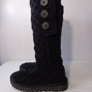 UGG Sweater Boots Black Lattice Cardy Cable-Knit Pull On Mid Calf  Women's Sz 6